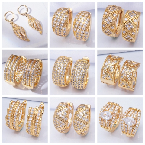 Joyería india, pendientes de oro de diseño lujoso, pendientes de aro pequeños de Zirconia cúbica AAA para mujer, nuevos 31 estilos diferentes ► Foto 1/6