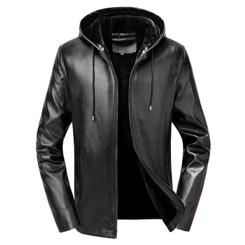 Chaqueta de cuero sintético con forro polar para hombre, abrigo cálido con capucha, informal, grueso, para invierno, para motocicleta ► Foto 1/5