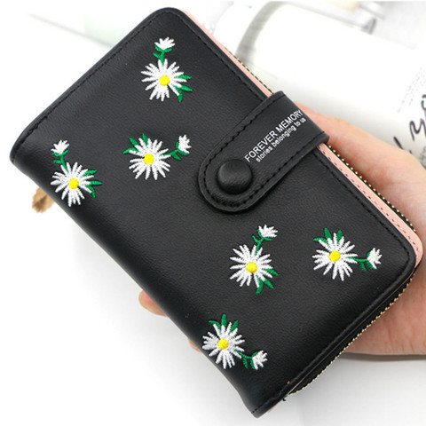 Las mujeres carteras largas 2022 diseño de moda bordado Daisy titular de la tarjeta de gran capacidad monedero PU cremallera Simple dinero bolso billeteras ► Foto 1/6