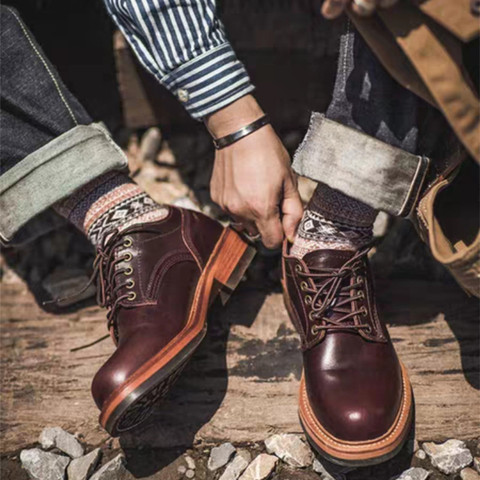 Zapatos japoneses de lujo Vintage para hombre, botas de motocicleta hechas a mano, de cuero de vaca, botines de punta redonda ► Foto 1/6