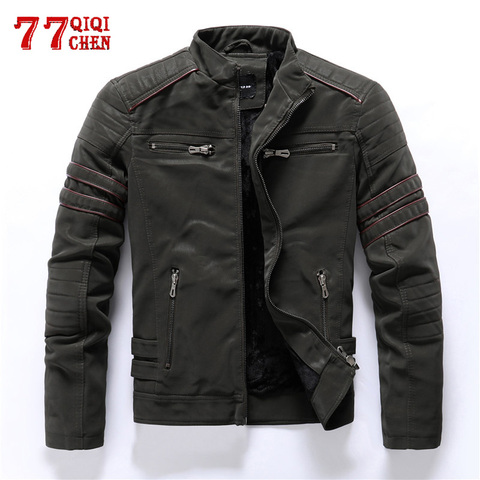 Chaqueta de cuero recubierto para hombre, forro polar, informal, con cuello levantado, para Moto, abrigos de cuero sintético de alta calidad, Otoño e Invierno ► Foto 1/5