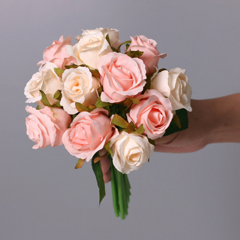 Ramo de rosas artificiales, Rosa pequeña, flores falsas de seda, decoración para fiesta, boda, decoración del hogar, 1 ramo de 12 cabezas ► Foto 1/6