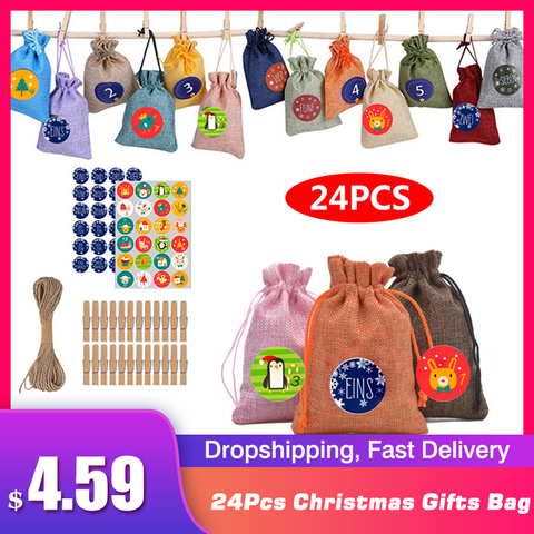 Calendario de Navidad de 24 Uds., bolsa de lino y algodón artesanal, calendario de Adviento, bolsa de caramelos Navidad, bolsa de regalo, Kit de calendario de Navidad para manualidades ► Foto 1/6