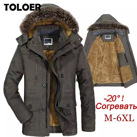 Chaqueta de invierno de talla grande para hombre, abrigo Parka cálido acolchado de algodón 5XL 6XL, Chaqueta larga de forro polar con capucha de piel sintética informal, cortavientos ► Foto 1/6