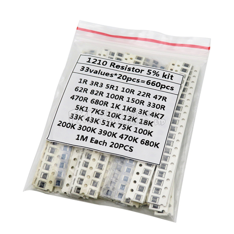 Kit de resistencias 1210 SMD, surtido de 1ohm-1M ohm hjxrhgal 5% 33valuesX 20 piezas = 660 Uds. ► Foto 1/1