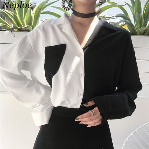 Neploe, Color, bolsillos de almazuela, camisa de mujer, cuello vuelto, Top de mujer de oficina de un solo pecho, nueva blusa de moda de otoño 2022 68863 ► Foto 1/3