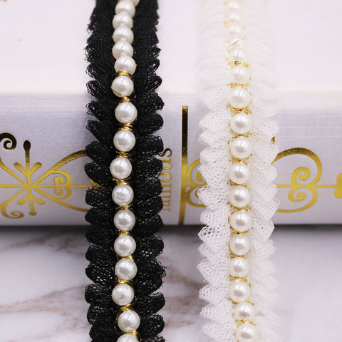 1 yardas/lote Nylon Vintage oro encaje cuentas de perlas de la cinta de tela africana de encaje bordado hecho a mano vestido de falda de ► Foto 1/6