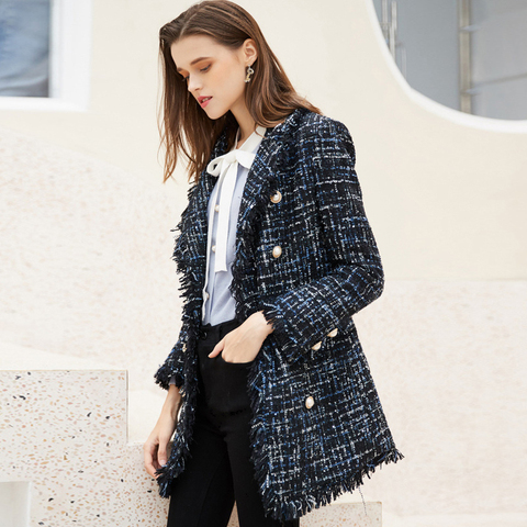 Abrigo de tweed azul oscuro para mujer, chaqueta de una pieza de largo medio, Otoño/Invierno, nueva pequeña fragancia, abrigo chaqueta Mujer ► Foto 1/6