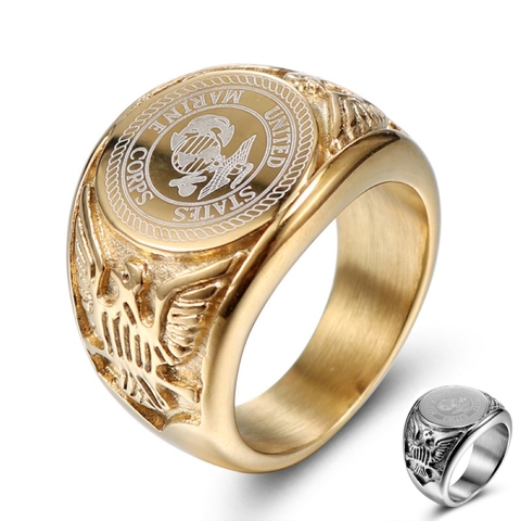 Anillo de acero inoxidable chapado en oro de Marines de los Estados Unidos, anillo de los militares del Cuerpo de Marines, insignia de águila, sello de los Estados Unidos para hombres del ejército, triangulación de envíos ► Foto 1/6