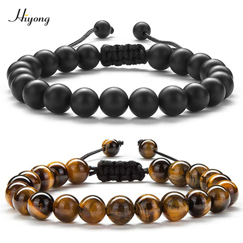 Pulsera HIYONG de 8mm con cuentas de piedra de ojo de Tigre, cuerda trenzada, abalorio ajustable en negro mate, cuentas sanadoras equilibrio, pulsera de Yoga para hombre ► Foto 1/6