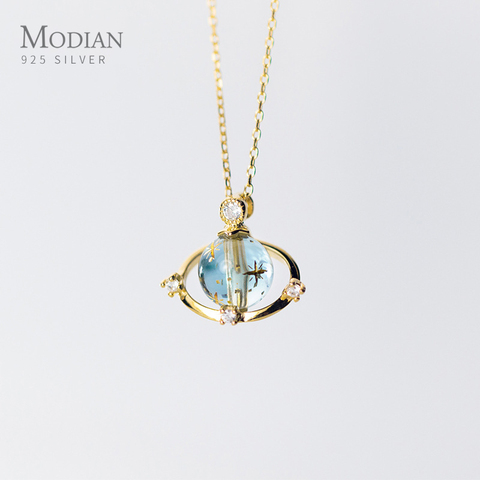 Modian-collar con colgante de Planeta y cristal azul para mujer, de plata de ley 100% 925, cadena de eslabones, joyería fina ► Foto 1/5