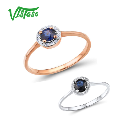 VISTOSO-anillo de oro rosa 585 y Diamante Azul zafiro redondo para mujer, sortija de boda de lujo, 14K, joya fina ► Foto 1/6