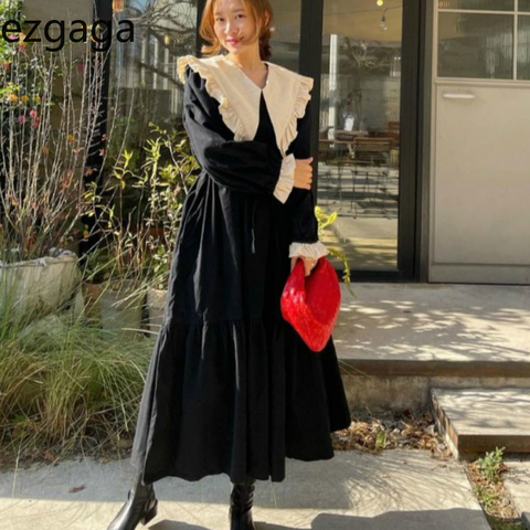 Ezgaga-vestido holgado de manga larga con cuello Peter Pan para mujer, vestido elegante de oficina de estilo coreano, corte en A, para fiesta y primavera ► Foto 1/6