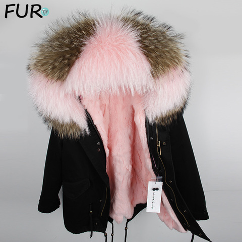 Desmontable parka 2022 nueva parka abrigo real chaqueta de invierno mujeres natural mapache cuello de piel caliente gruesa piel de conejo ► Foto 1/1