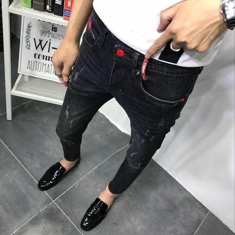 Pantalones vaqueros ajustados para hombre, jeans coreanos elásticos con bigote de gato, negros, para personas mayores y adolescentes, lápiz recortado, 2022 ► Foto 1/5