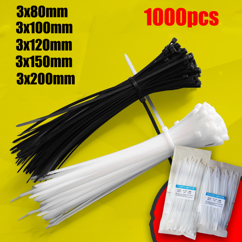 1000(500) uniones negras de bloqueo automático, atadura de Cable de Nylon de alta calidad, cierre de cremallera, envoltura de Cable de 3x100mm, 3x80, 3x120, 3x150, 3x200 de plástico ► Foto 1/6