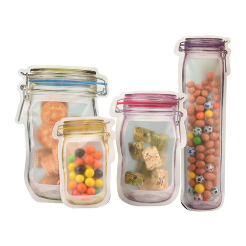 Mason Jar-bolsas de comestibles reutilizables con cremallera, bolsas de almacenamiento de alimentos para caramelos, frutos secos, galletas, comida, aperitivos sellados, 5 uds. ► Foto 1/6