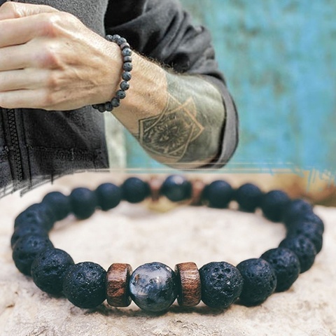 Pulsera de madera de Lava de piedra volcánica para hombre y mujer, pulsera de cuentas de 8mm, cadena para la muñeca de Buda tibetano, regalo de joyería para hombre y mujer ► Foto 1/6