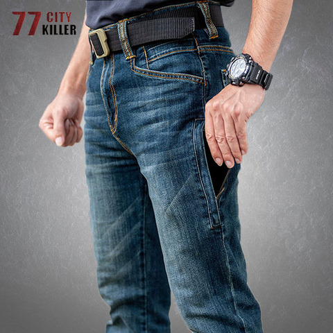 Táctico Jeans hombres múltiples bolsillos resistente al desgaste de carga pantalones de hombre al aire libre de negocios casuales clásicos vaqueros corte recto Hombre Pantalones ► Foto 1/6