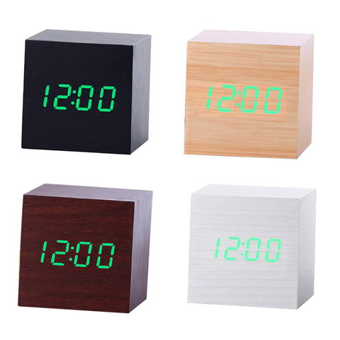 Reloj despertador LED cuadrado de madera con Control de sonido Multicolor, termómetro Digital de mesa de escritorio, indicador de fecha USB/AAA ► Foto 1/6