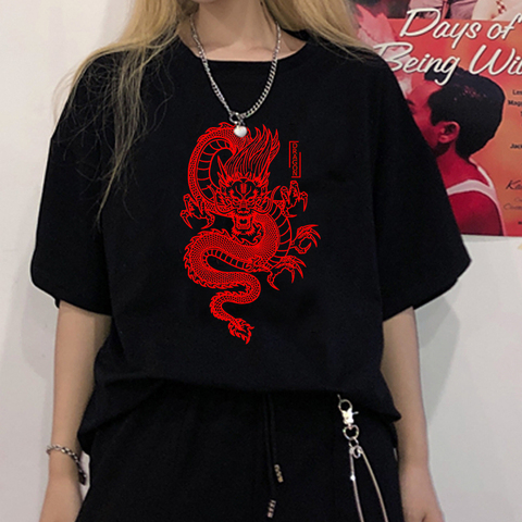 Camiseta Punk para mujer, top holgado con estampado de dragón chino vintage, camiseta Harajuku de manga corta con cuello redondo, ropa de calle gótica, novedad de verano ► Foto 1/6