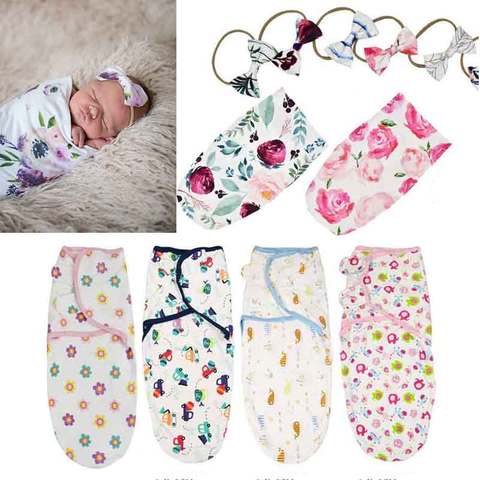 Manta de muselina de algodón suave para bebé recién nacido, manta envolvente, saco de dormir + conjunto de trajes de diadema ► Foto 1/6