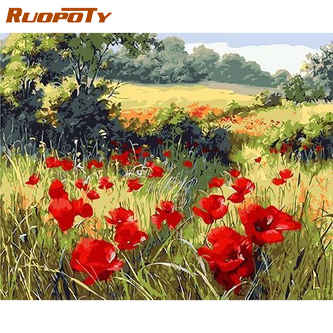 RUOPOTY-Cuadro de flores rojas por números, cuadro de arte de pared, lienzo por números, regalo artesanal para decoración del hogar, 60x75cm ► Foto 1/6