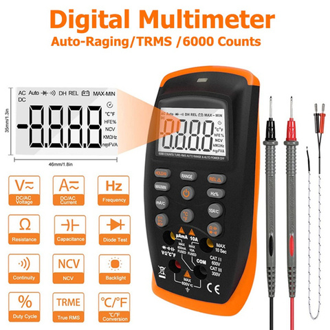 Multímetro Digital TRMS de 6000 recuentos, voltímetro, amperímetro, ohmimetro para CA, CC, voltios y corriente, Ohm, capacitancia, temperatura, Hz y medidor de diodos ► Foto 1/6