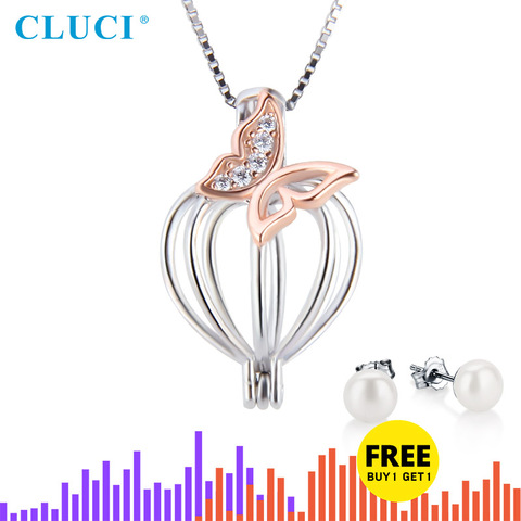 Locket de oro rosa de plata 925 CLUCI para mujer, joyería de plata de ley 925, colgante de jaula de mariposa de zirconia y Perla SC364SB ► Foto 1/6