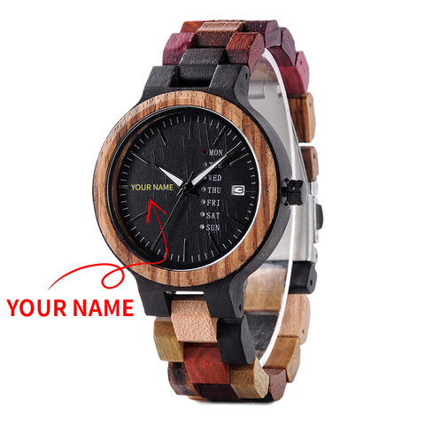 BOBO BIRD-reloj de madera de cuarzo para hombre y mujer, accesorio de pulsera con indicador de fecha, grabado colorido de tu nombre, logotipo de madera, regalo personalizado para el Día de San Valentín ► Foto 1/6