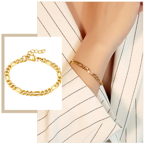 Simple Figaro cadena serpiente plana pulseras para mujer, Color dorado Acero inoxidable muñeca joyería longitud ajustable ► Foto 1/6