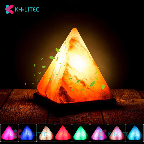 KHLITEC-Lámpara de sal triangular USB, purificador tallado a mano, luz nocturna, Base de madera, lámpara de roca de cristal Natural colorida del Himalaya ► Foto 1/6