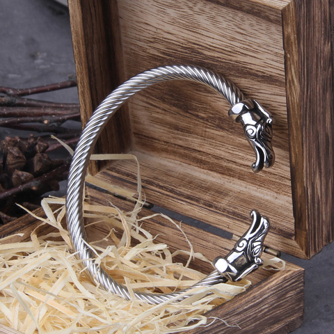 Pulsera de dragón de vikingo nórdico de acero inoxidable para hombre, brazalete ajustable con caja de madera vikinga ► Foto 1/6