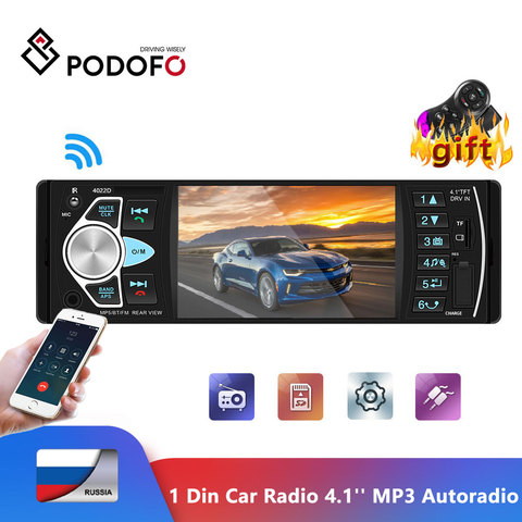 Podofo-autorradio 1 Din con pantalla Digital de 4,1 pulgadas, reproductor Multimedia con Bluetooth, FM, MP3, USB, FM, Monitor de marcha atrás ► Foto 1/6