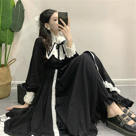 Vestido negro Vintage para mujer, elegante vestido gótico francés Lolita, vestido femenino de encaje de manga larga, vestido de noche para fiesta de Corea 2022 otoño ► Foto 1/6