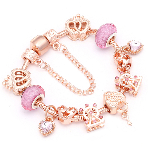 BAOPON-Colgante de corazón y llave para mujer, pulseras y brazaletes de Color dorado fina rosa, abalorios de noria, pulsera para mujer, regalo de joyería ► Foto 1/6