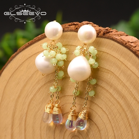 GLSEEVO-pendientes colgantes de perlas de agua dulce para mujer, diseño Original, Natural y redondo, joyería fina de compromiso para boda, Brincos GE0871 ► Foto 1/5