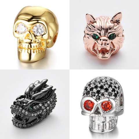 Lote de 3 unidades de cuentas espaciadoras de circonia cúbica de Dragon Pave para pulsera de hombre, cuentas de cabeza de Lobo, cuentas de circonia cúbica de cobre, joyería de calaveras DIY ► Foto 1/6