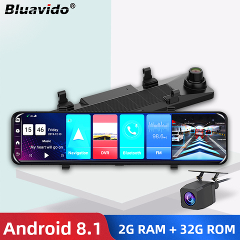 Bluavido-Espejo para coche con cámara de salpicadero DVR, espejo de 12 pulgadas con Android 8,1, lente Dual de 1080P, WiFi, navegación GPS, ADAS, control remoto, vídeo para automóvil, vigilancia ► Foto 1/6