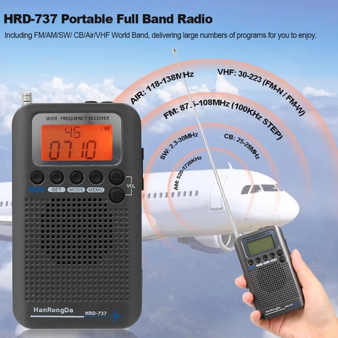 HanRongDa-Radio portátil de banda completa para HRD-737, receptor de banda, FM/AM/SW/ CB/Air/VHF, banda mundial con alarma con pantalla LCD, reloj ► Foto 1/6