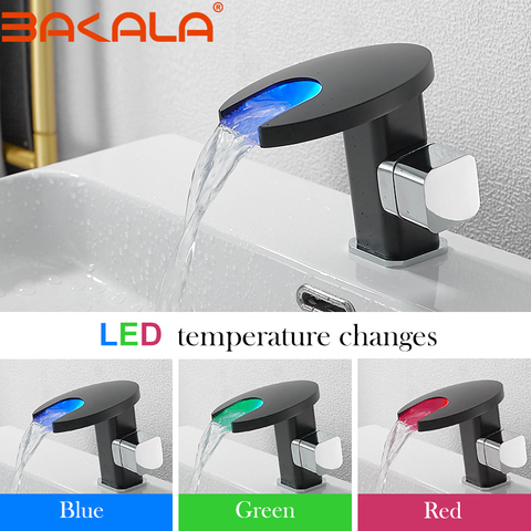 BAKALA-grifo de cascada con Led, Baño Fregadero de cascada, Grifo de lavabo de latón Grifo mezclador de lavabo montado en cubierta, Mezclador de Baño ► Foto 1/6