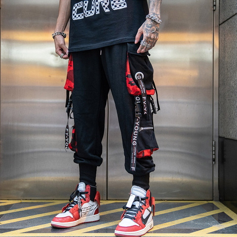 Pantalones Cargo de Hip Hop para hombre y mujer, joggers de chándal, mono con cintas, ropa de calle, pantalones bombachos, moda, color negro ► Foto 1/6