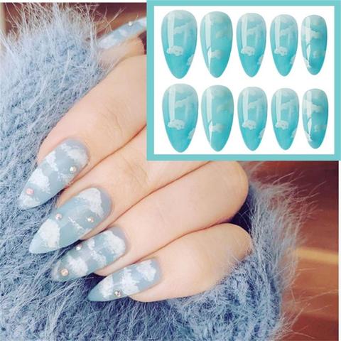 Uñas postizas de Stiletto para mujer, diseño de nubes blancas y azules,  elegantes y a la moda, diseño Popular, 20/24 Uds. - Historial de precios y  revisión | Vendedor de AliExpress -