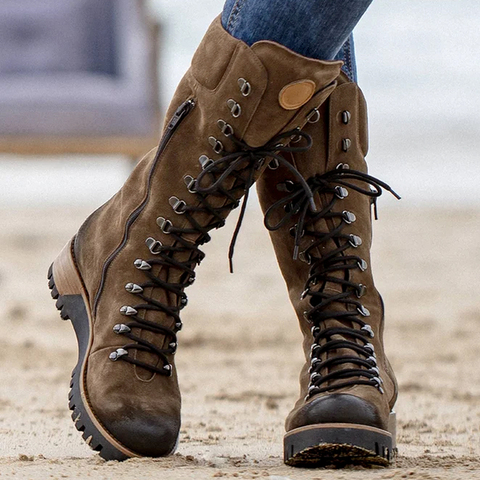 Botas de media pantorrilla con cordones y cremallera lateral para mujer, botines antideslizantes para motocicleta, de punta redonda, estilo occidental, para invierno ► Foto 1/6