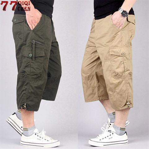 Pantalones cortos Cargo largos para hombre, Capri elástico de algodón, informal, multibolsillo, pantalones cortos tácticos militares, 5XL, de verano ► Foto 1/6