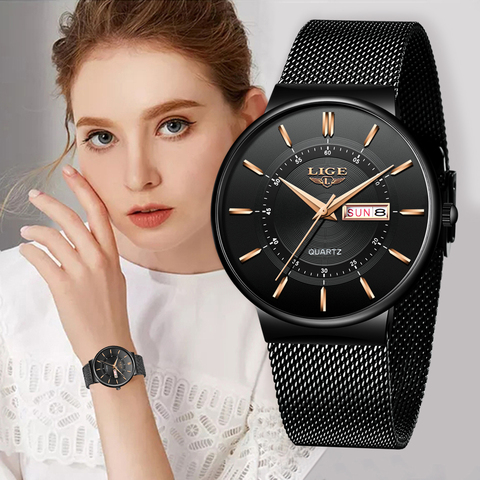 LIGE-Reloj con correa de acero para mujer, accesorio de marca superior de lujo, relojes de pulsera a prueba de agua ultradelgados con fecha, estilo casual deportivo + caja ► Foto 1/6