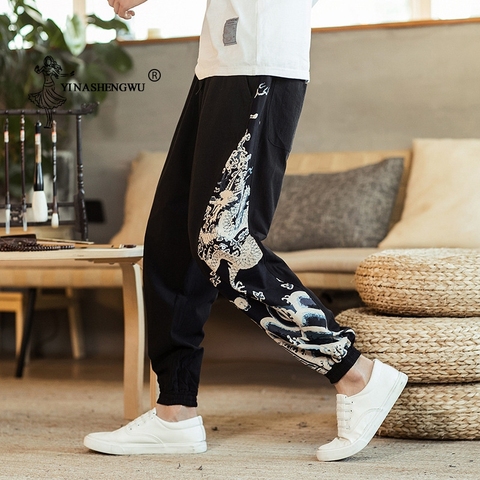 Pantalones con estampado de Kimono japonés para hombre, traje asiático, pantalones largos informales, Kimono Yukata, pantalones bombachos, dibujo lateral ► Foto 1/6