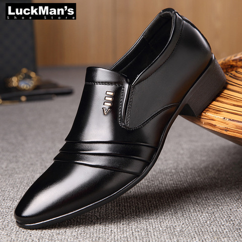 LuckMan-zapatos de vestir de piel sintética para hombre, mocasines de negocios, calzado negro puntiagudo, Oxford, transpirables, formales, para boda ► Foto 1/6