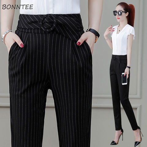 Pantalones informales a rayas negras para mujer, Capris elegantes de oficina, de cintura alta, talla grande, novedad de verano ► Foto 1/6