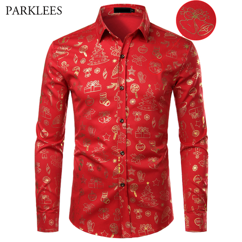 Camisa de Navidad de manga larga con botones para hombre, ropa informal ajustada con estampado de regalo de Navidad, color rojo, XL ► Foto 1/6